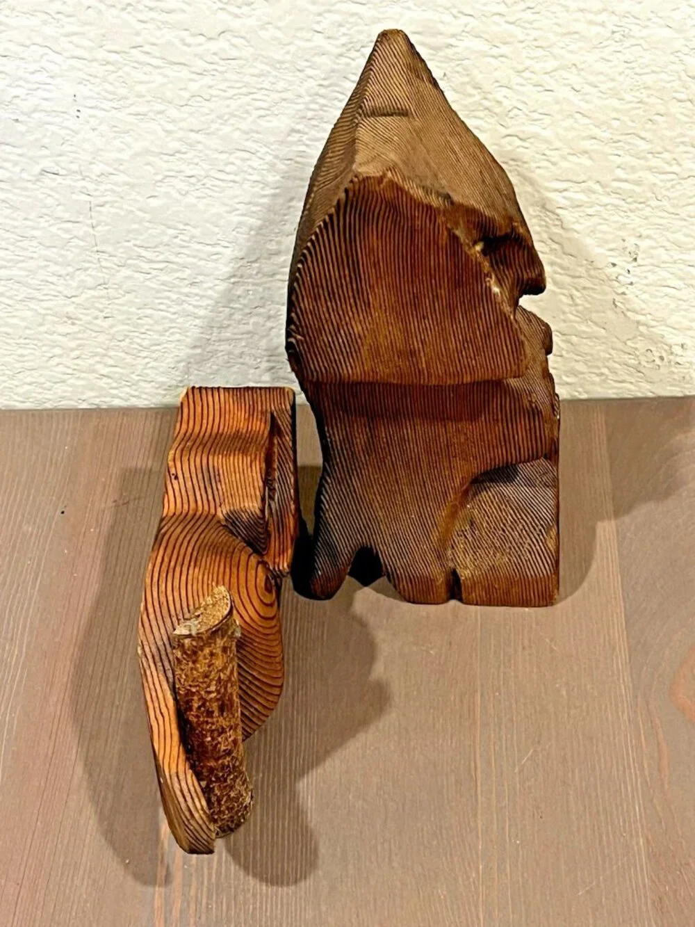 TWO Hand Carved Wooden Owls Big Eyes Folk Art 70s/80s Hanging Shelf Sitter MCM